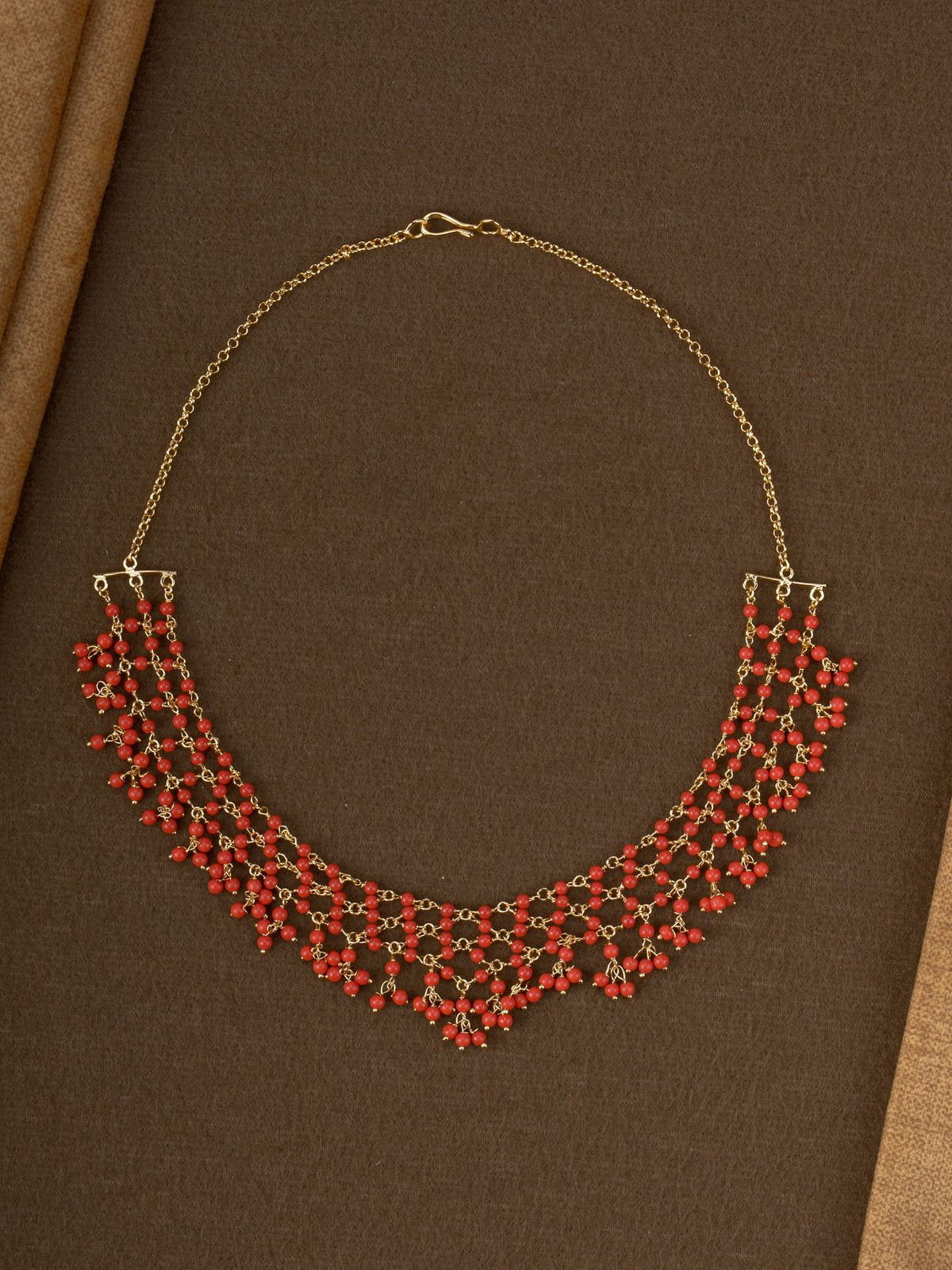 Jaali Beaded Mesh Necklace - Coral