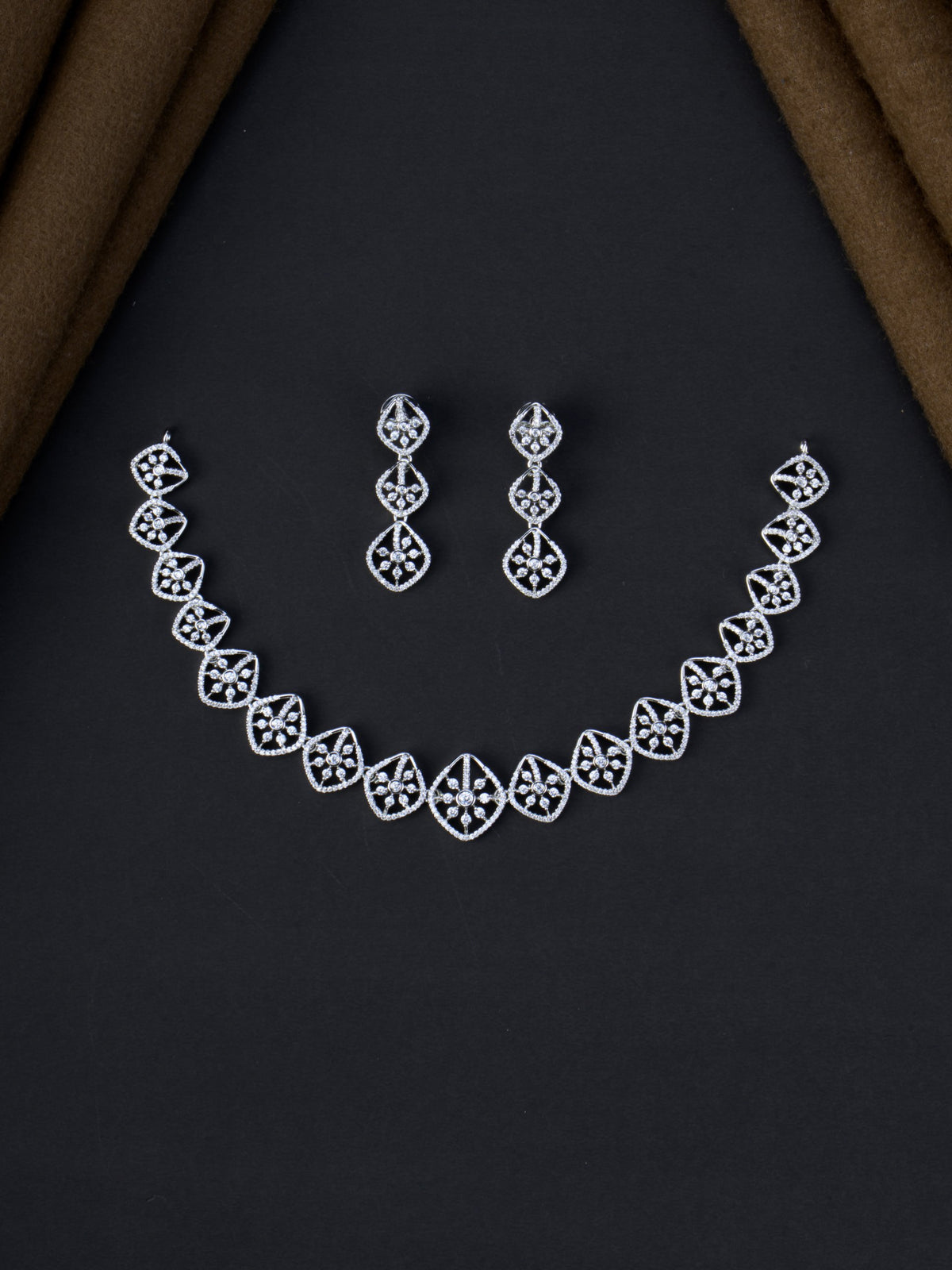 Kusumika AD Necklace Set - Silver Polish full set