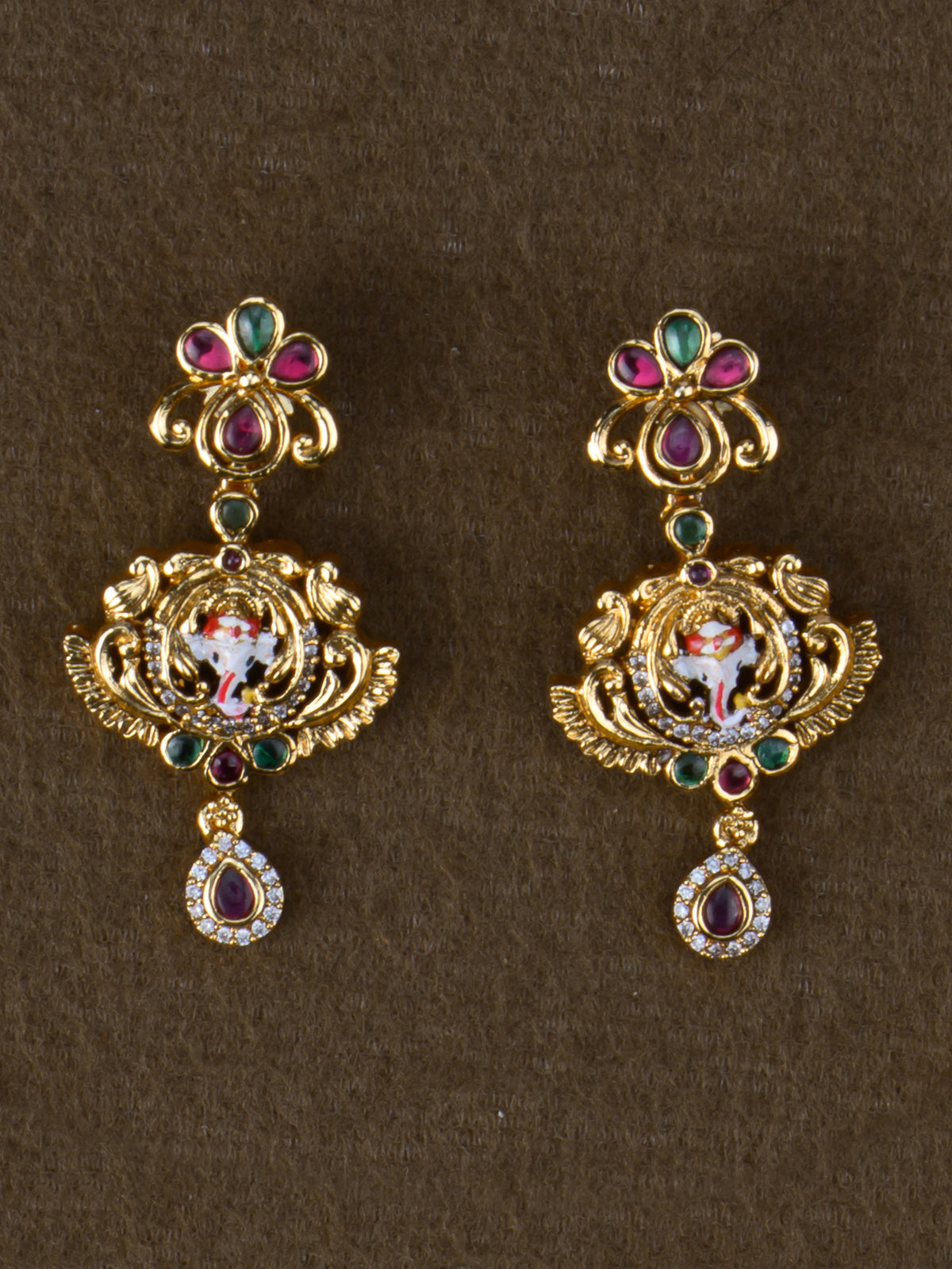 Vinayaka Meenakari Necklace Set - earrings