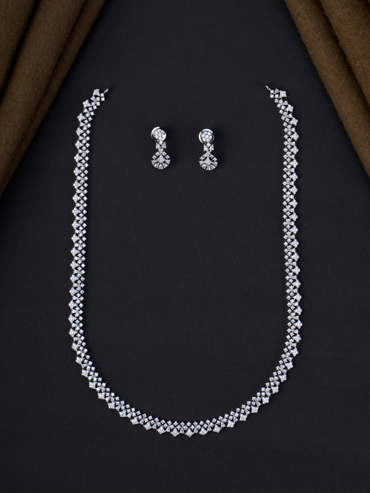 Nakshatra AD Long Necklace Set - Silver Polish full set