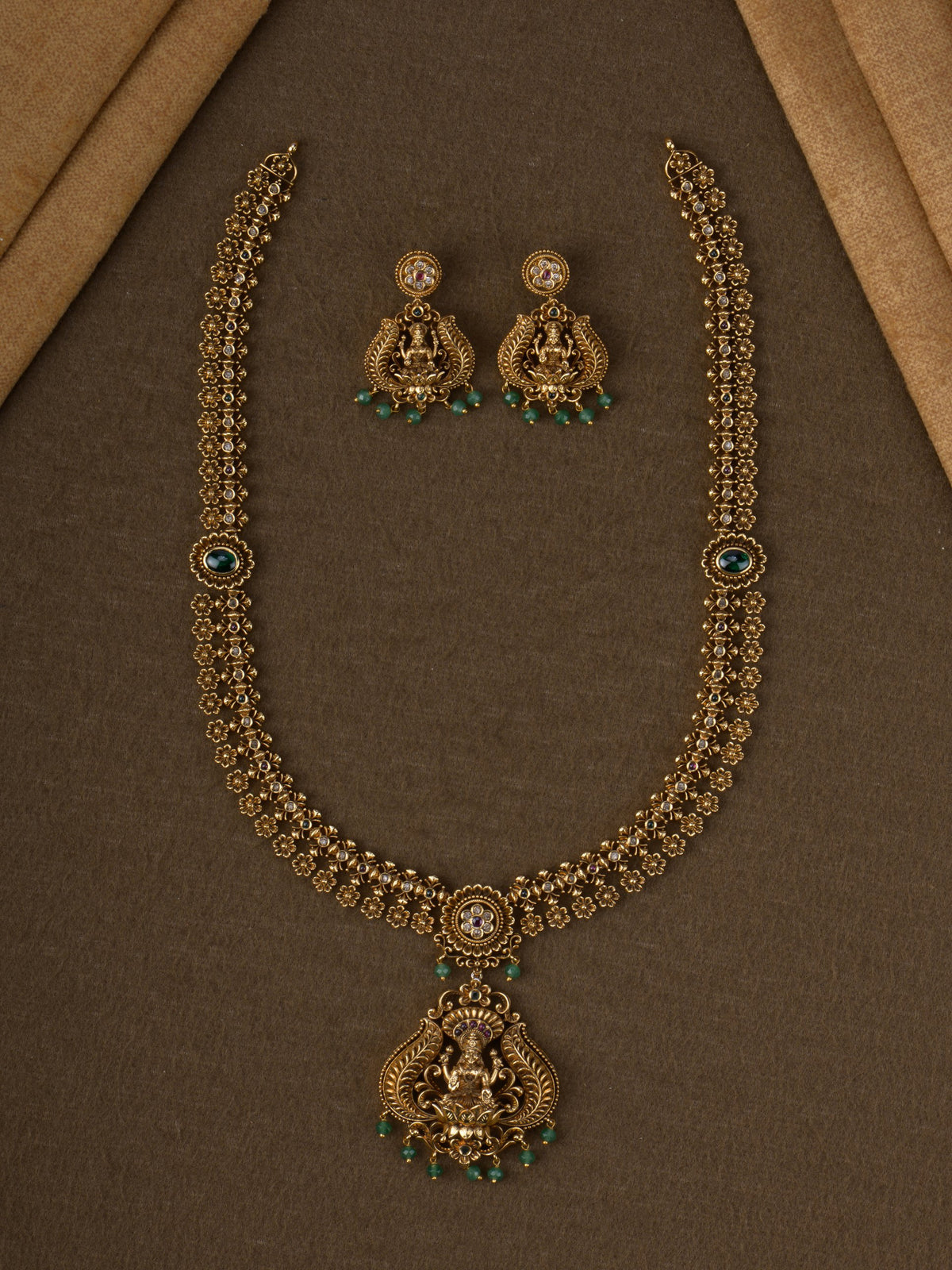 Antique Lakshmi Floral Long Haaram Set with Emerald Green Beads - full set
