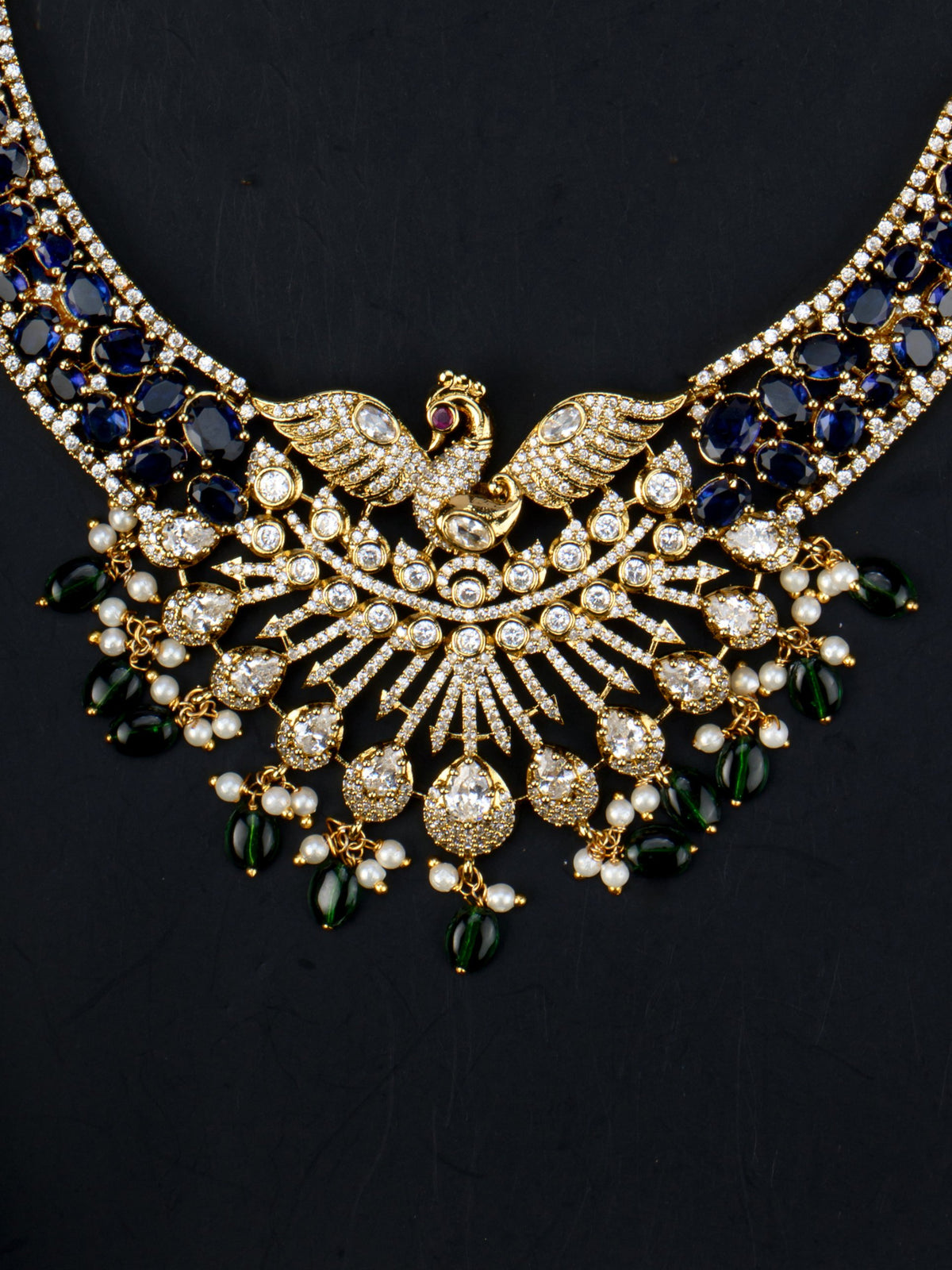 Mayilika Blue Peacock AD Necklace peacock centre close-up