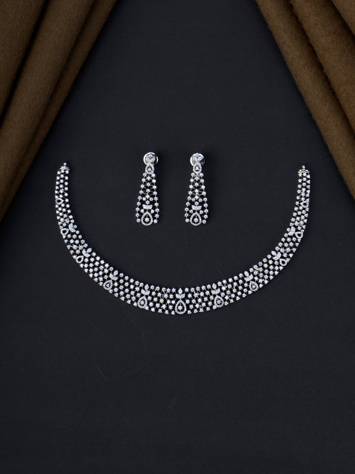 Pallavi AD Necklace Set - Silver Polish full set
