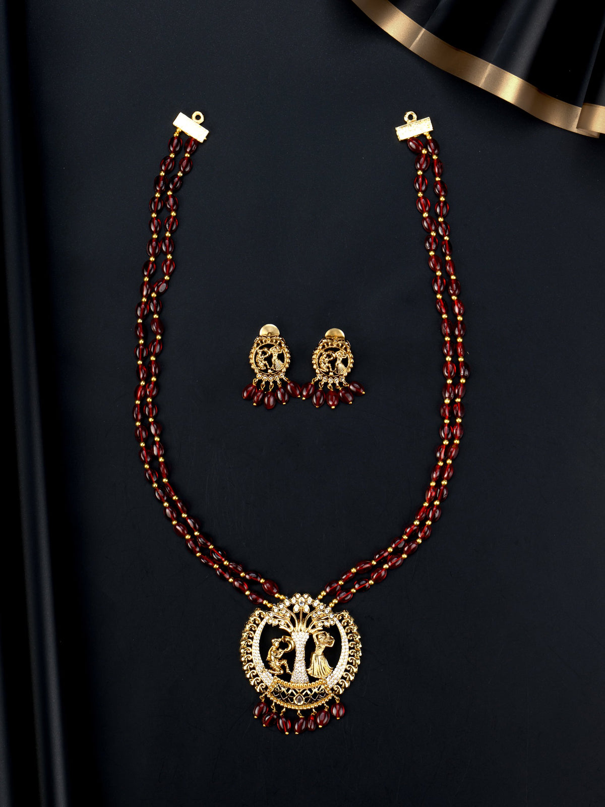 Nritya Red Bead Pendant Necklace set with earrings