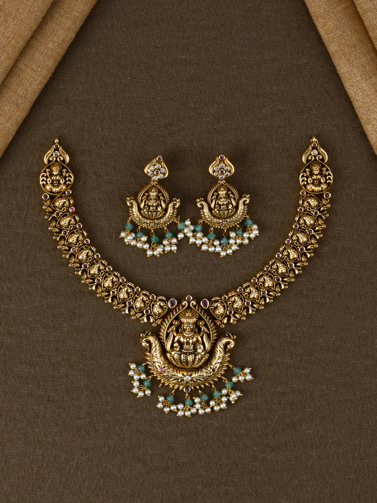 Antique Lakshmi Crescent Mango Necklace Set with matching earrings