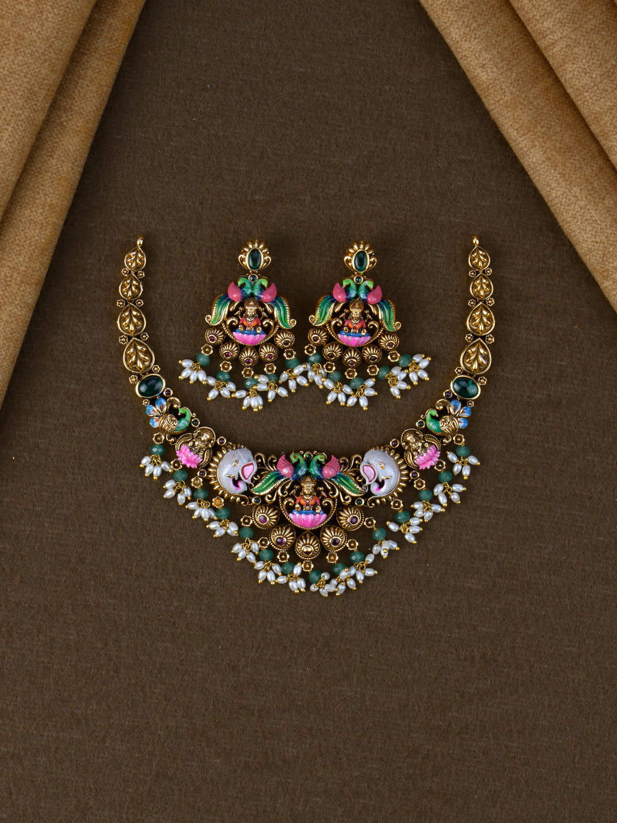 Chitrika Lakshmi Meenakari Necklace Set - Green full set