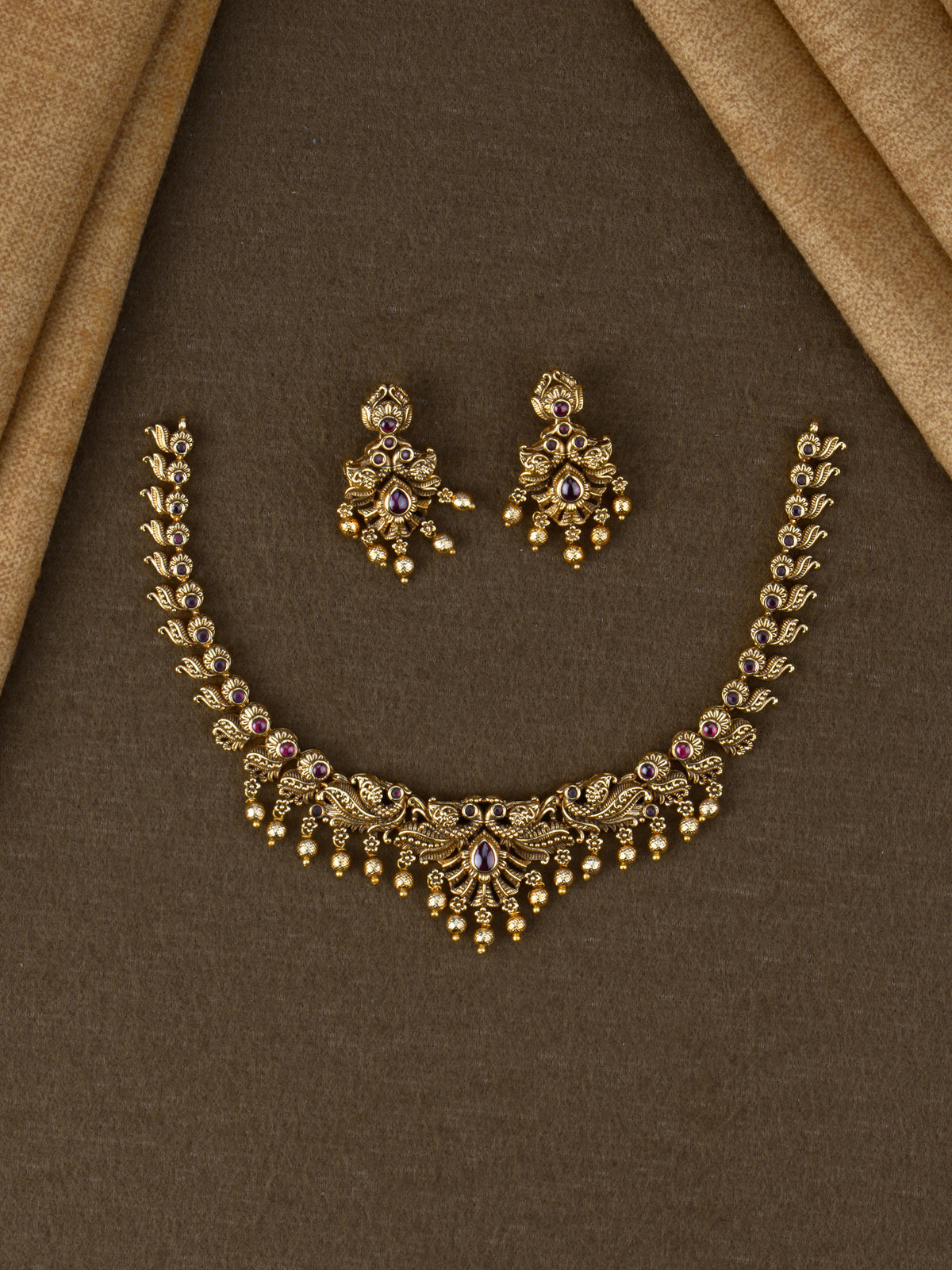 Mayuravalli Temple Necklace Set - Red full set