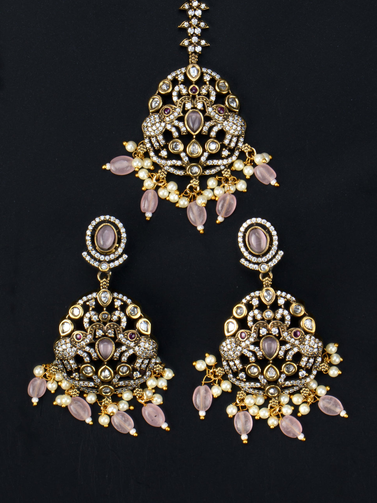 Rajavi Victorian Bridal Haaram matching earrings and maang tikka