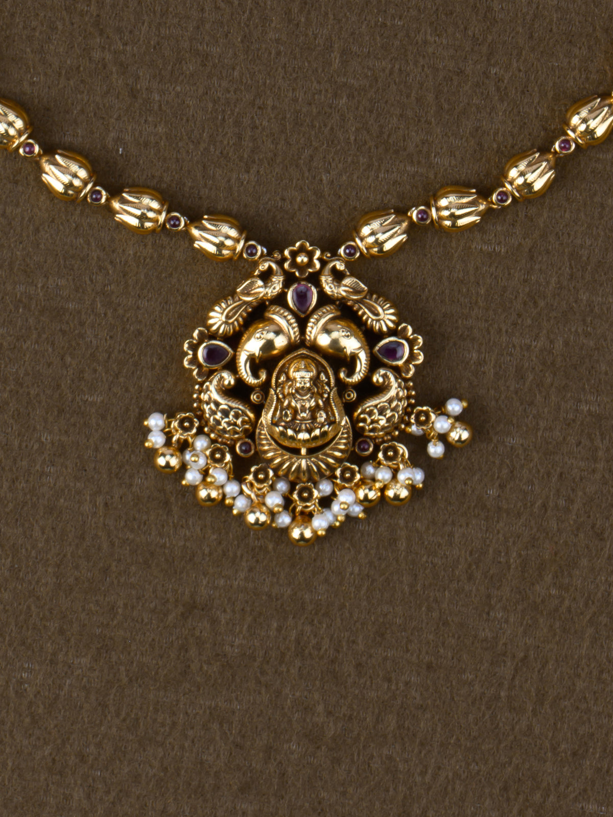 Mukula Lakshmi Temple Necklace Set - Red necklace close-up