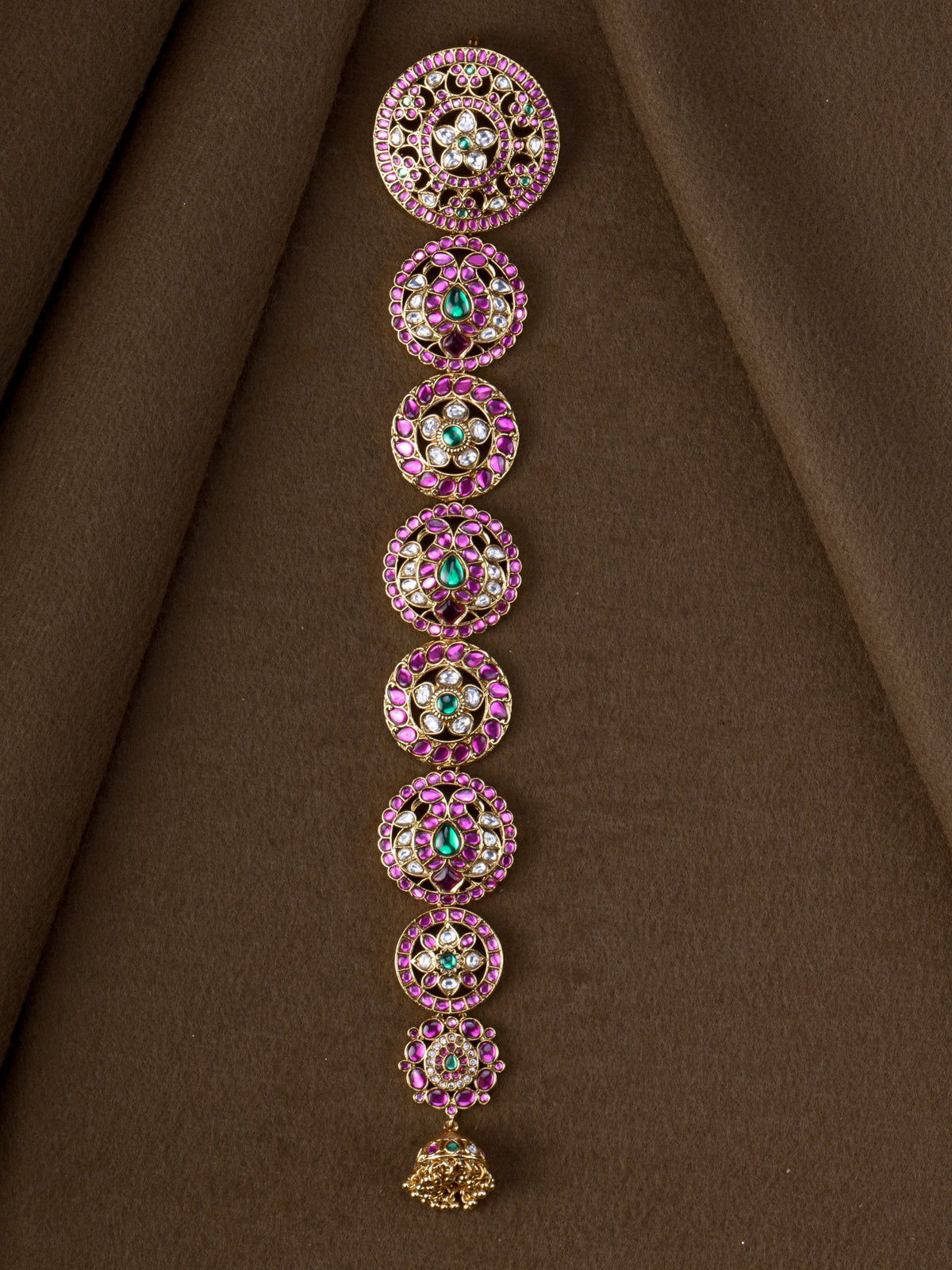 Padma Chakra Jada Billa - pink, green and kundan jadau braid ornament
