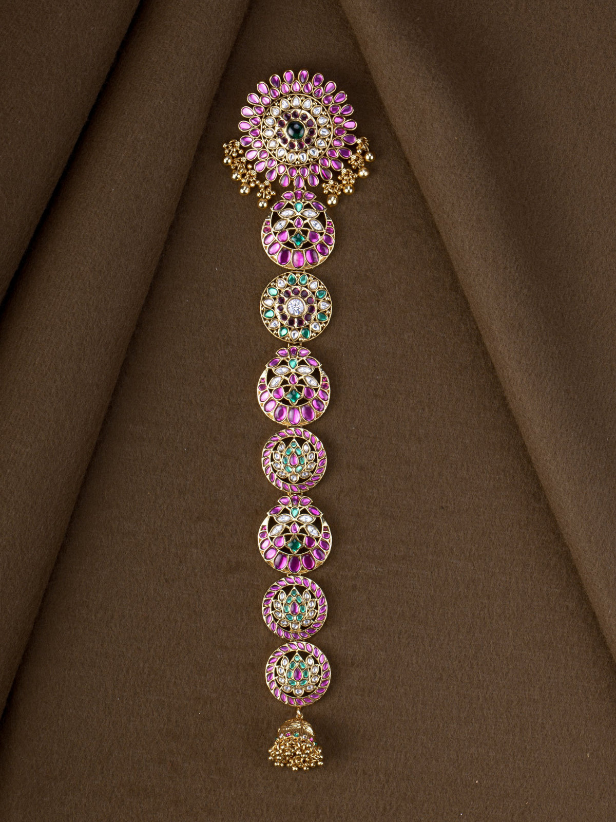 Surya Kamala Jada Billa - pink, green and kundan jadau braid ornament with sunburst top
