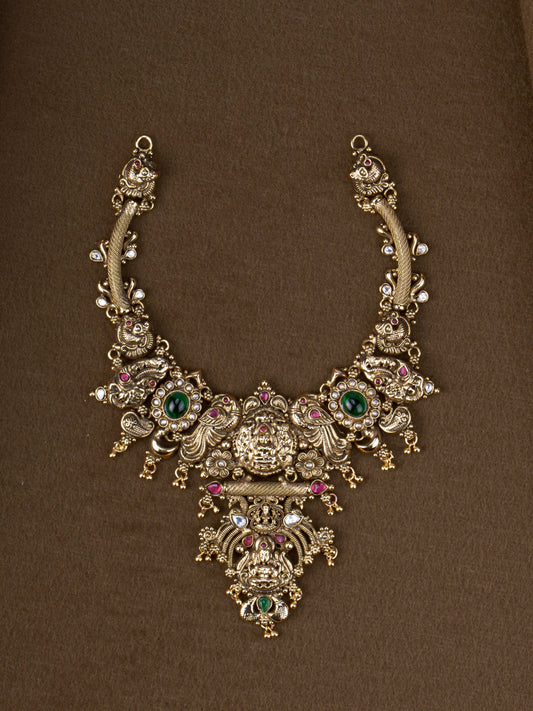 1Gm Gold Plated Varalakshmi Peacock Necklace - antique temple necklace with Lakshmi pendant and emerald stones