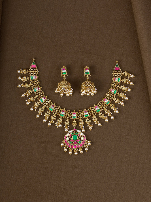 Padmini Jadau Necklace - pink, green and kundan jadau necklace set with jhumkas