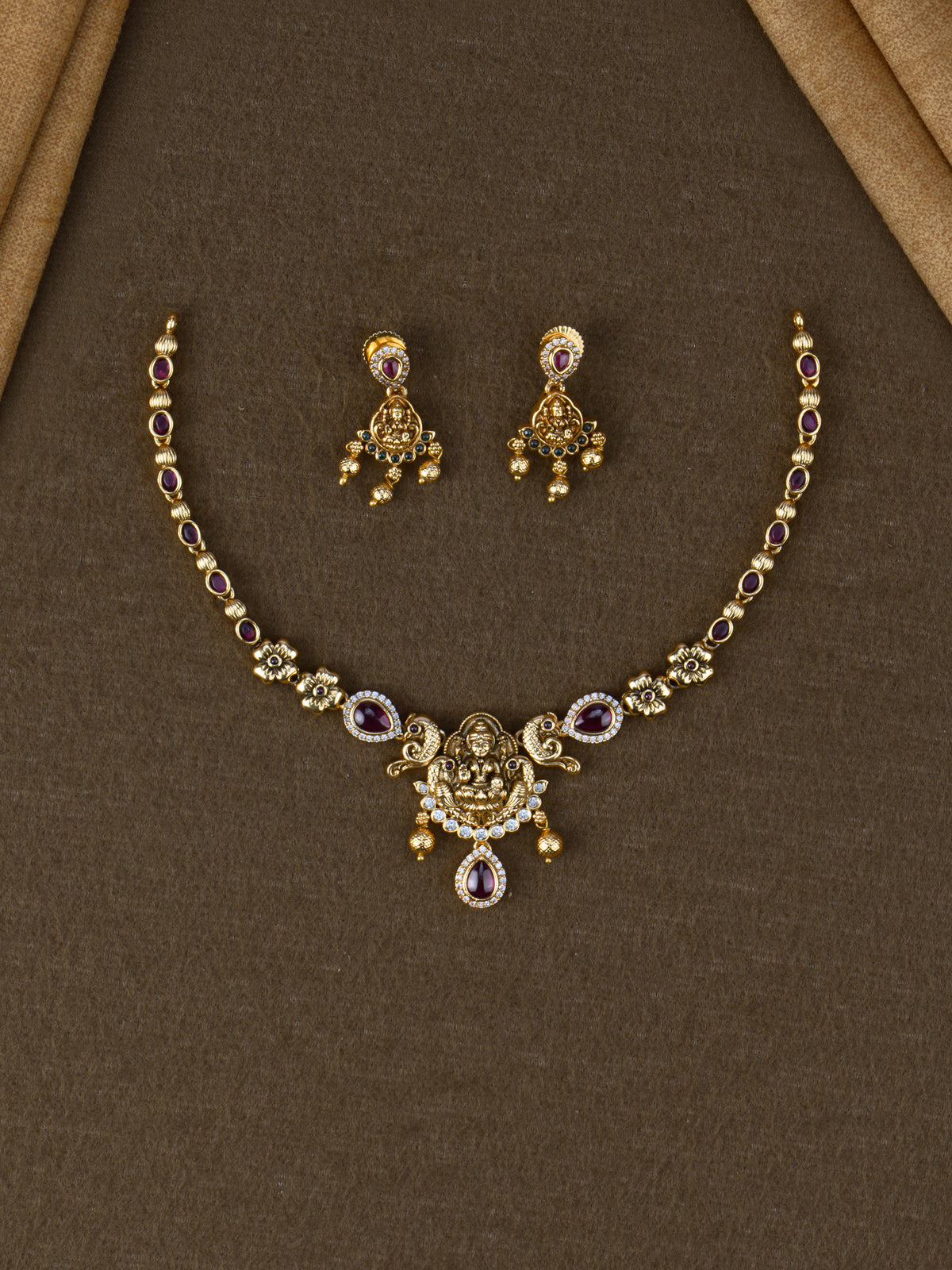 Lakshmipriya Temple Necklace Set - Red full set