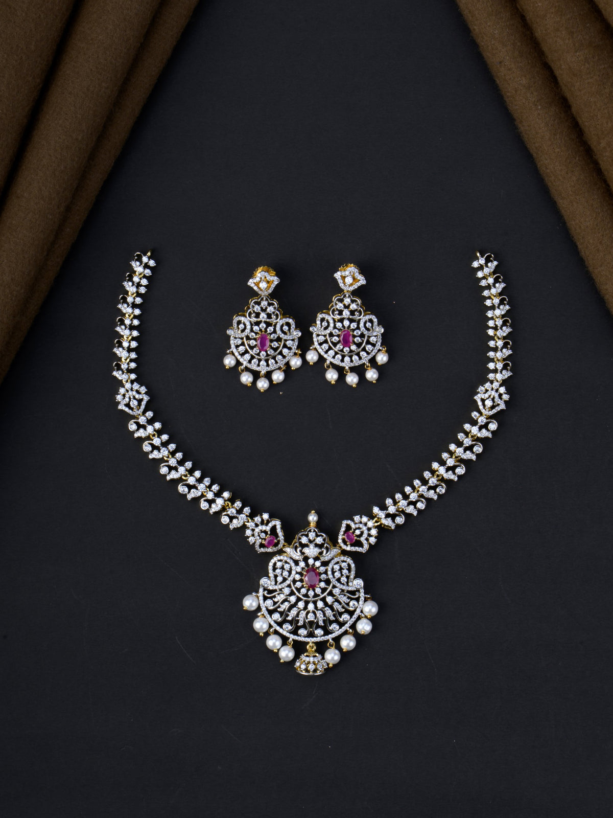 Mukthamani AD Necklace Set - Red full set