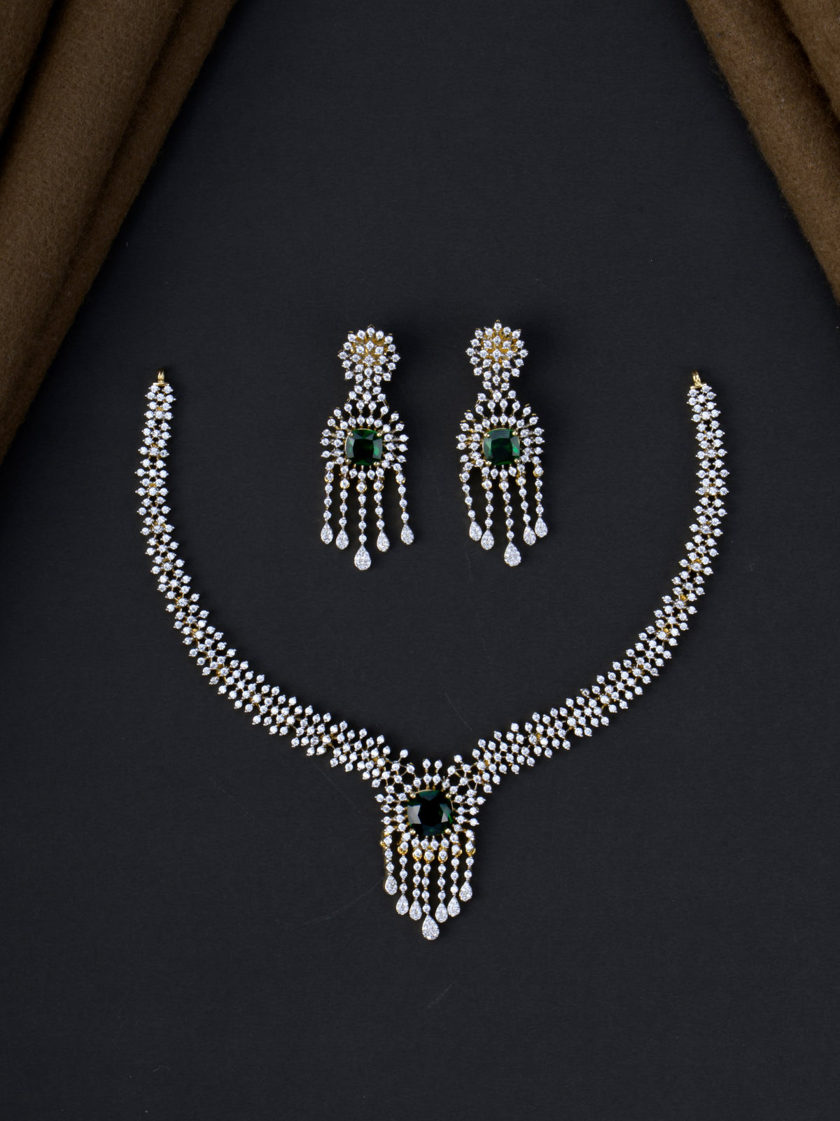 Tarini AD Necklace Set - Emerald Green full set