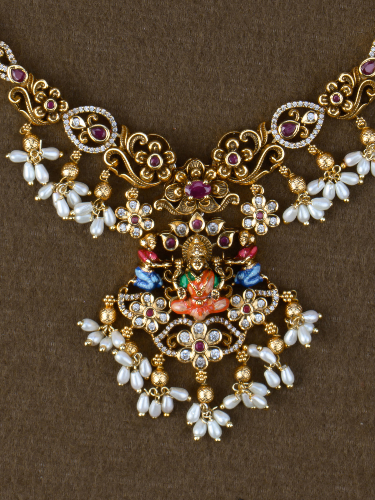 Sakhi Lakshmi Temple Necklace Set - Red necklace close-up