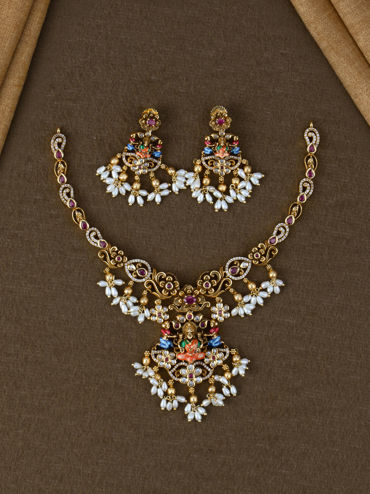 Sakhi Lakshmi Temple Necklace Set - Red
