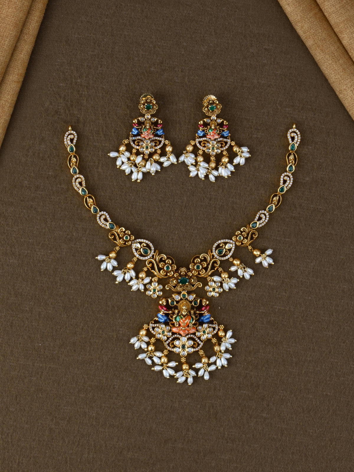 Sakhi Lakshmi Temple Necklace Set - Green
