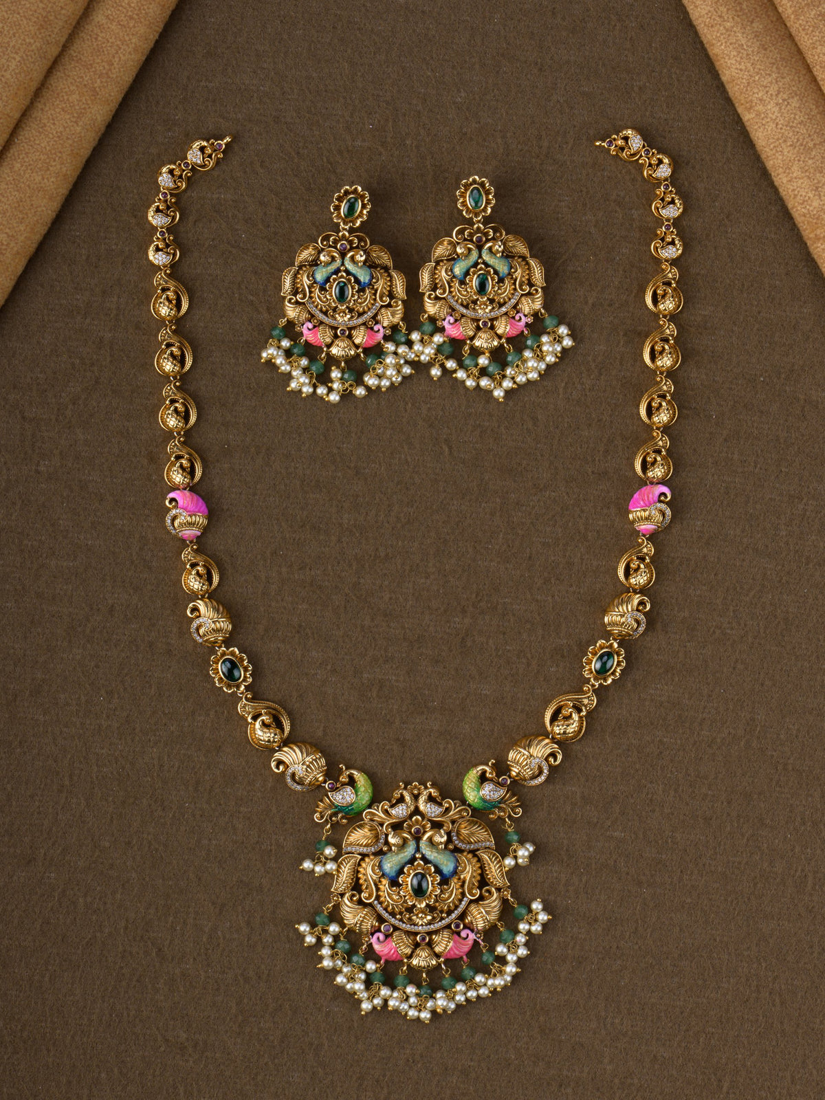 Meenakari peacock long necklace set - Green