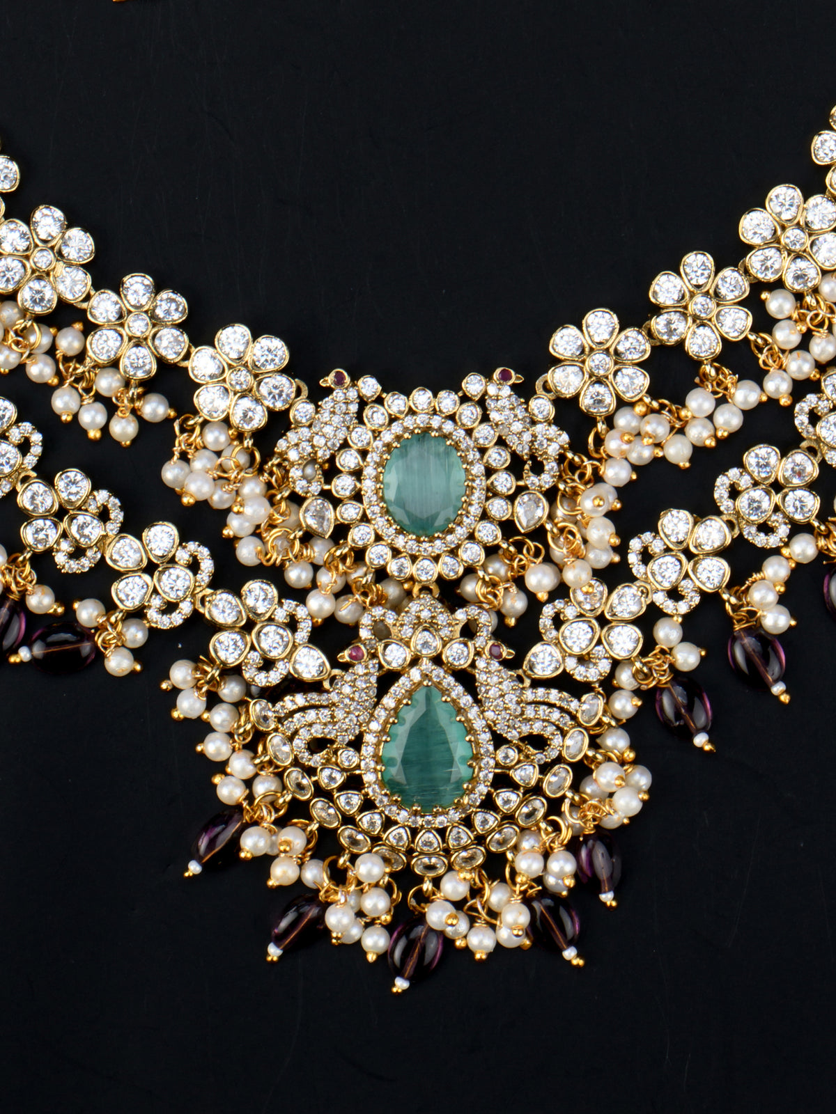 Pushpika AD Mid Haaram - Mint & Purple pendant close-up