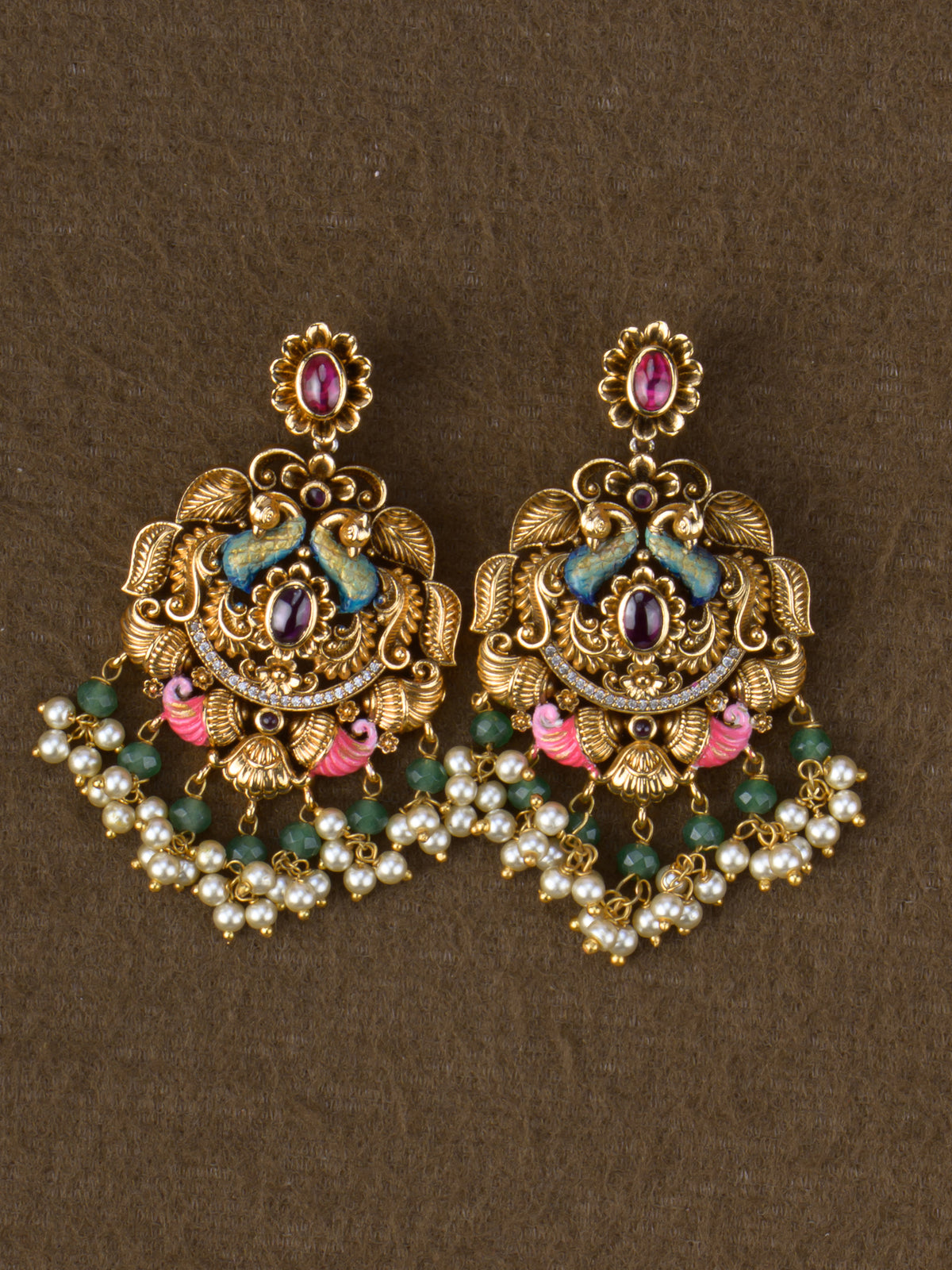 Matching peacock chandbali earrings - Red