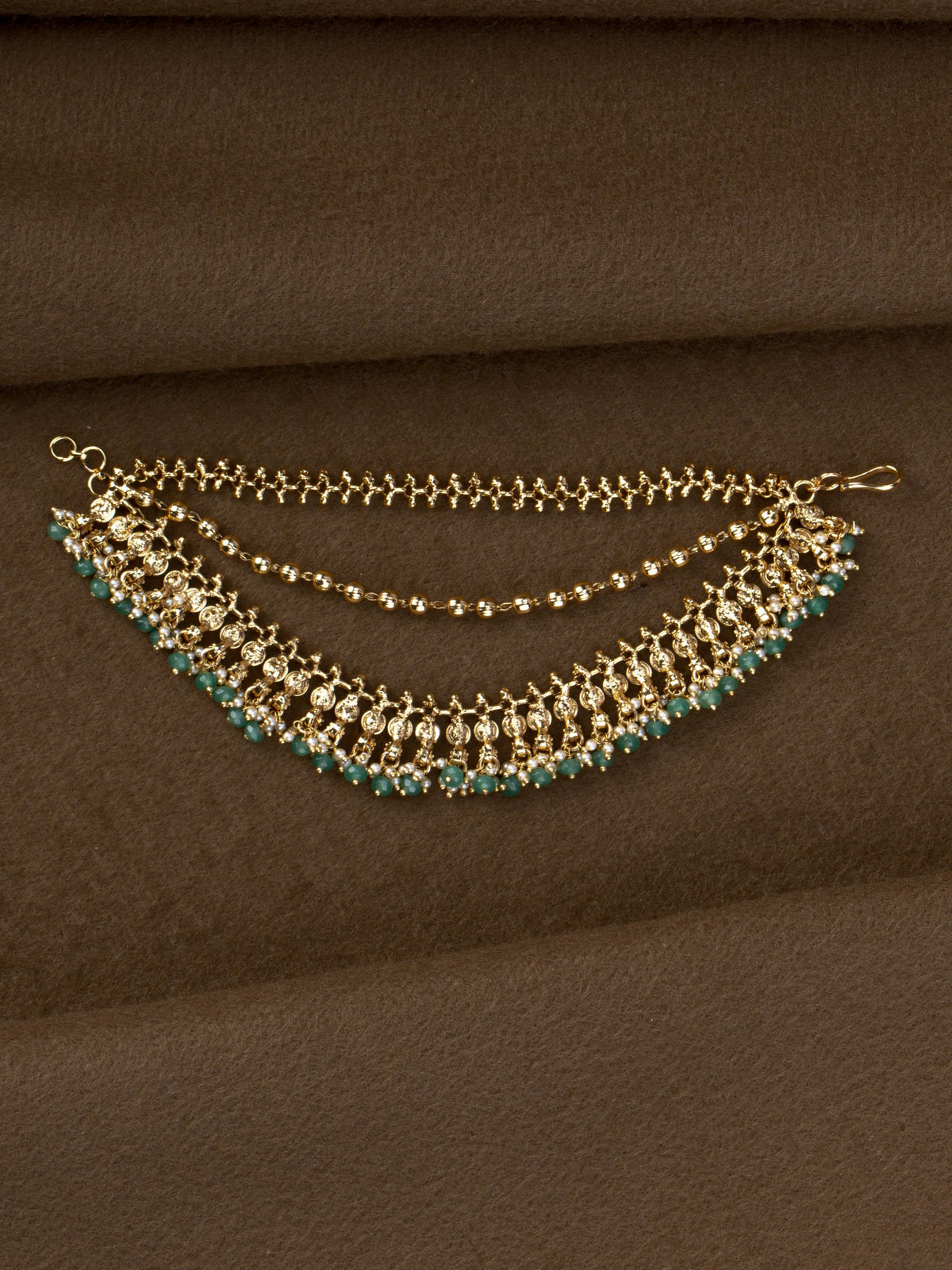 Haritha Kaasu Maatal - three-layer gold coin ear chain with mint-green beads and pearls