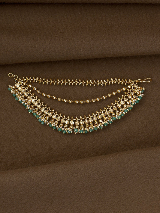 Haritha Kaasu Maatal - three-layer gold coin ear chain with mint-green beads and pearls