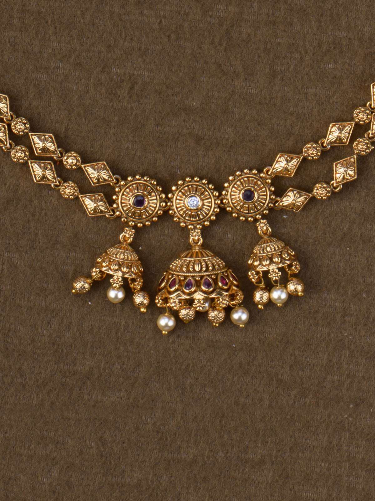 Triple jhumka pendant close-up - Red