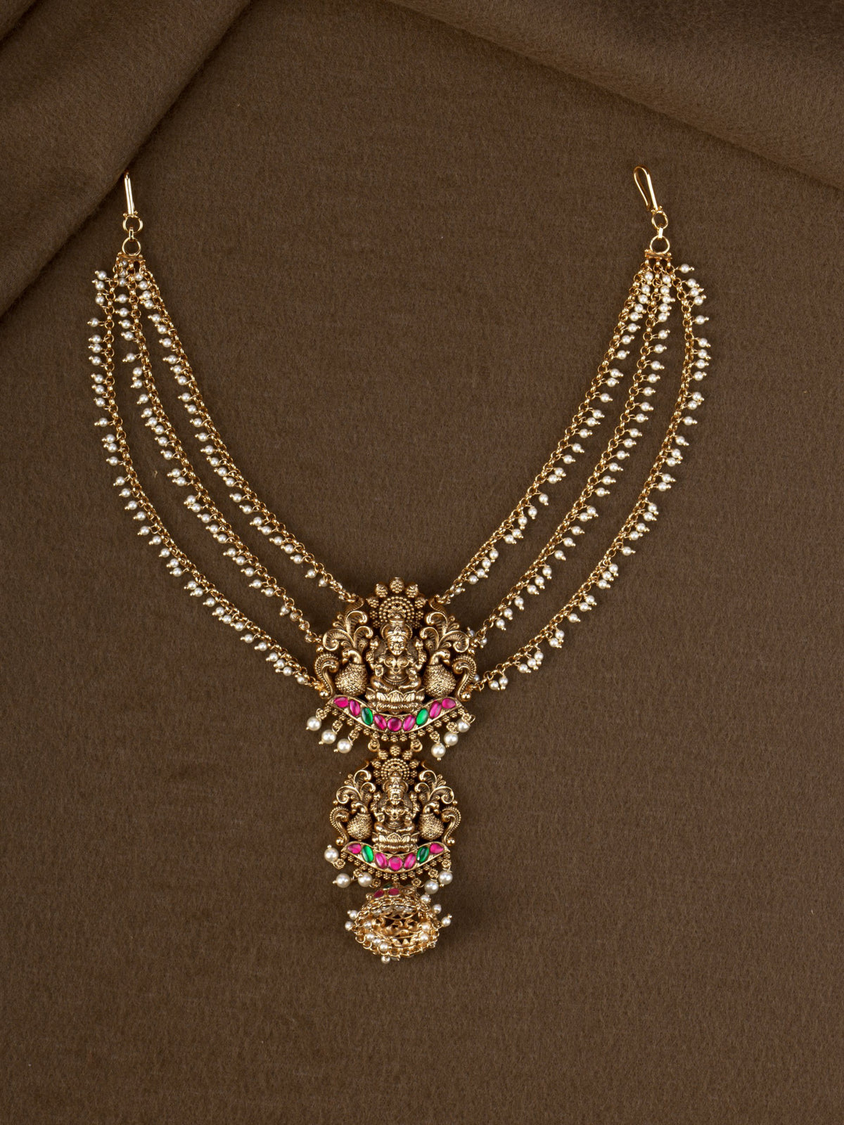 Shri Lakshmi Three Line - three-strand pearl hair accessory with Lakshmi peacock pendant and jhumka drop