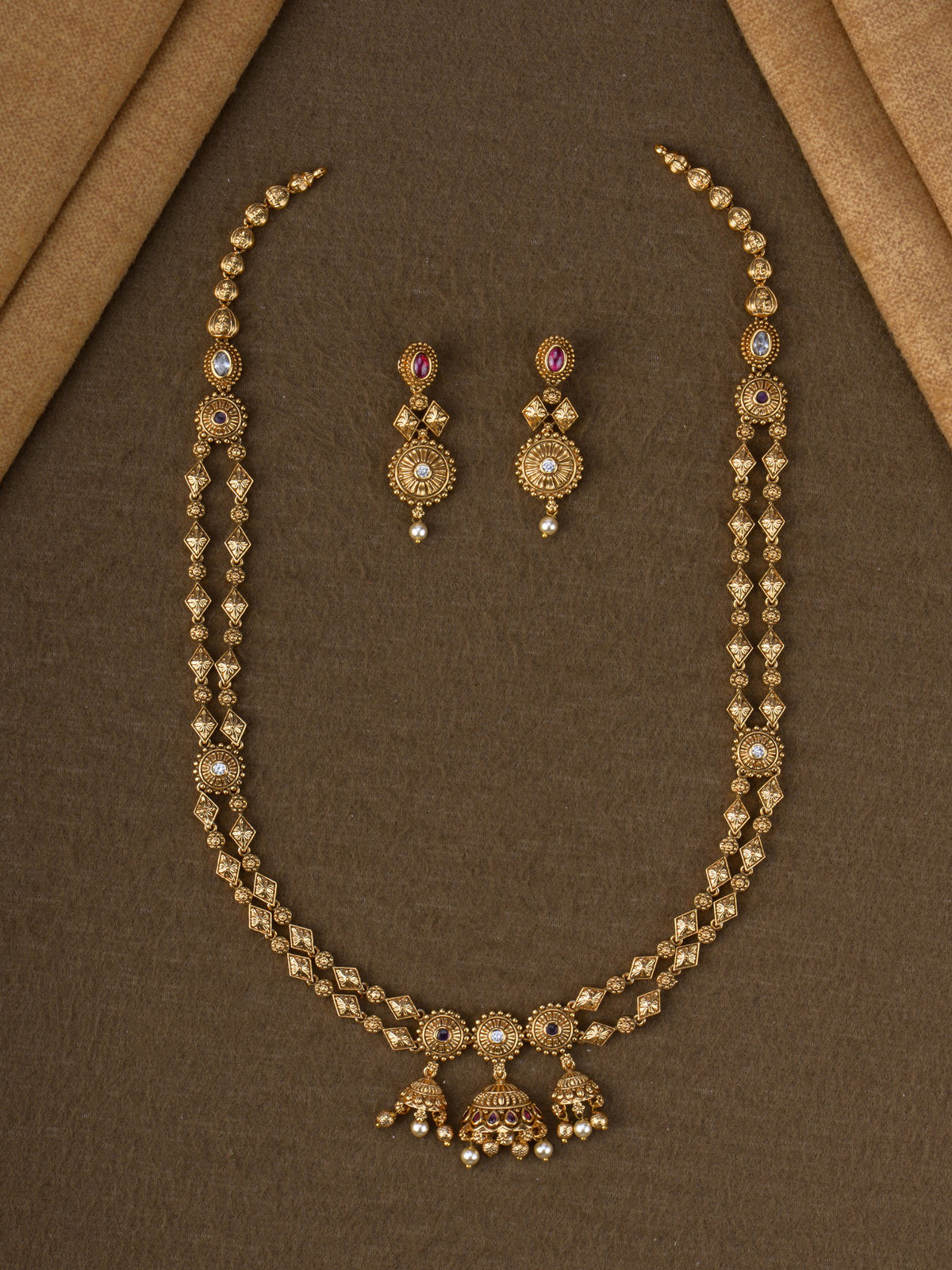 Two-layer sunburst jhumka long necklace set - Red
