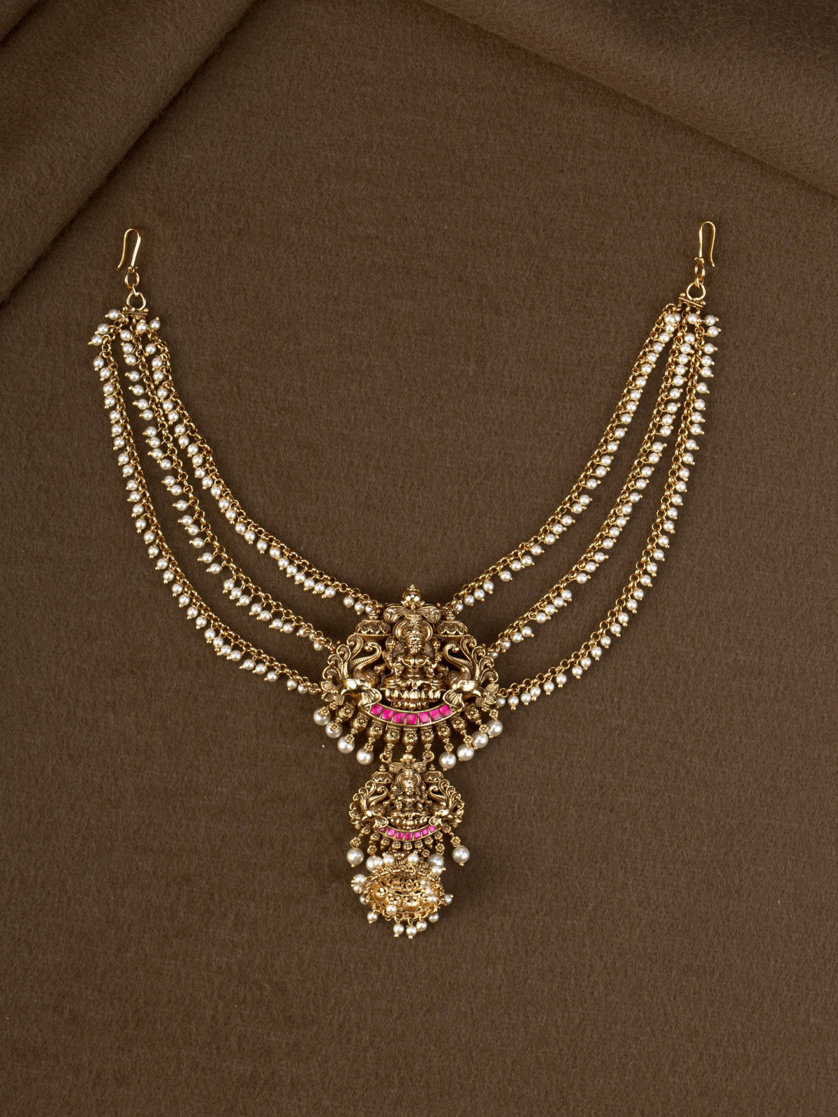 Ratna Lakshmi Three Line - three-strand pearl hair accessory with Lakshmi pendant and ruby kemp stones