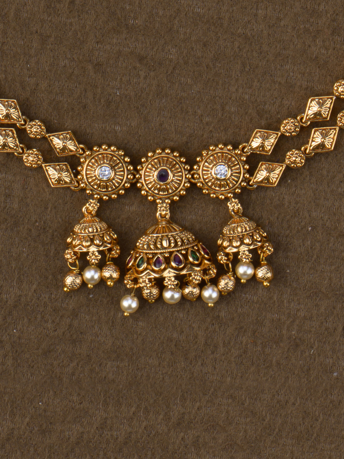 Triple jhumka pendant close-up - Green