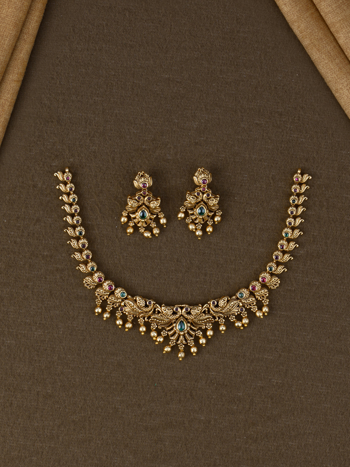 Mayuravalli Temple Necklace Set - Green full set