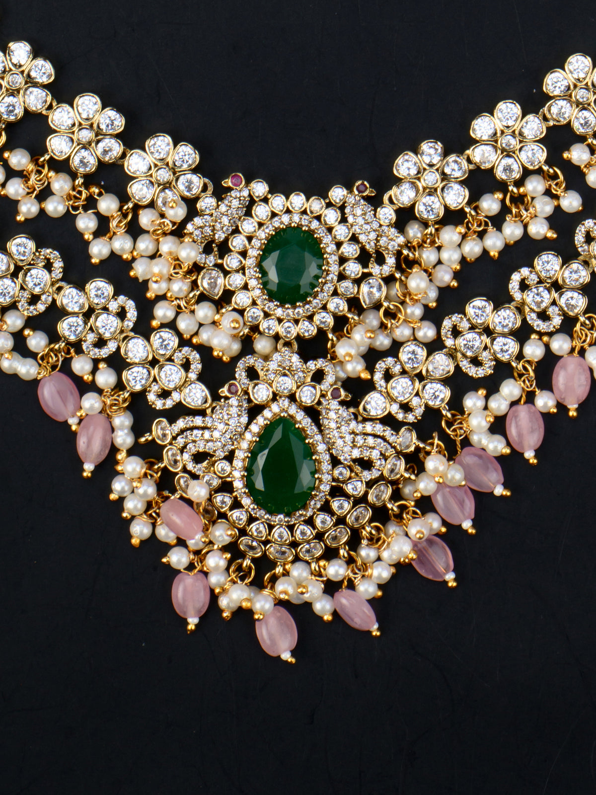 Pushpika AD Mid Haaram - Green & Pink pendant close-up