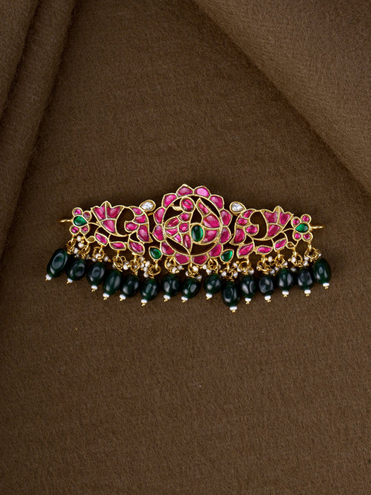 Kamalika Jadau Choker - ruby-pink lotus and swan jadau choker with green bead drops