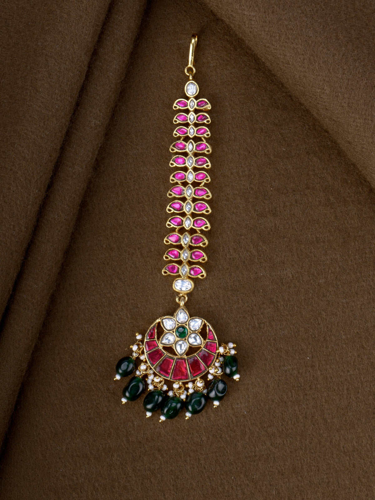 Taravati Jadau Maang Tikka - ruby and kundan jadau maang tikka with green bead drops