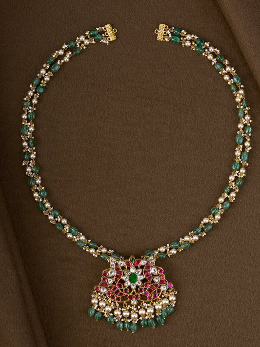 Sundari Jadau Necklace - green bead and pearl necklace with ruby and kundan jadau pendant