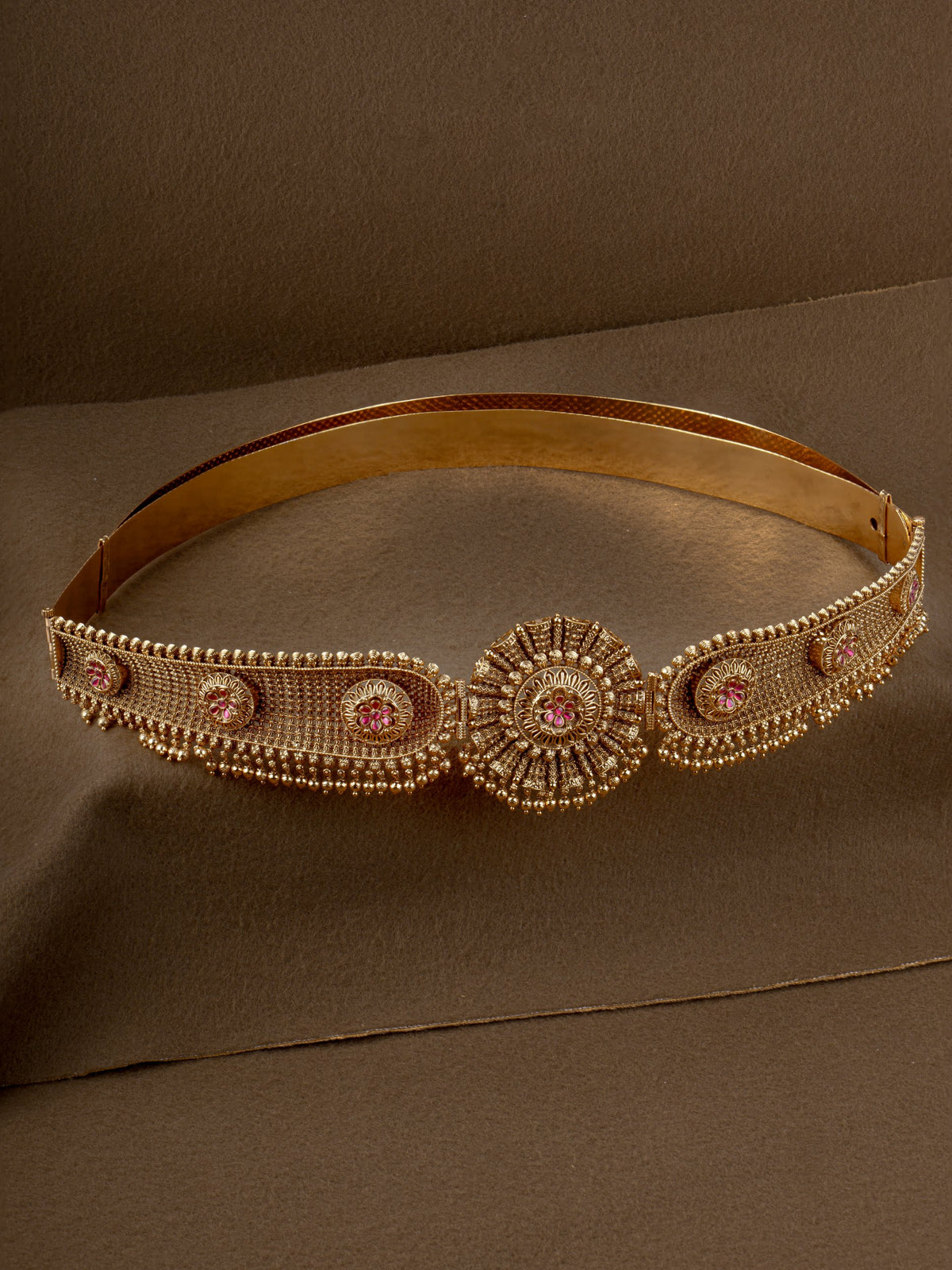 Suryakanthi Hip Belt - antique gold bridal oddiyanam with sunburst centrepiece and ruby stones