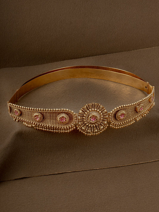 Suryakanthi Hip Belt - antique gold bridal oddiyanam with sunburst centrepiece and ruby stones