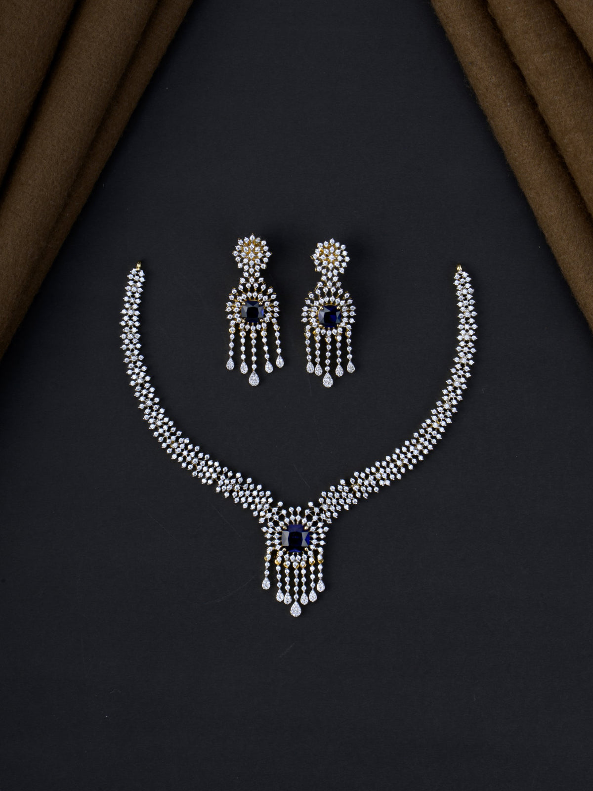 Tarini AD Necklace Set - Sapphire Blue full set