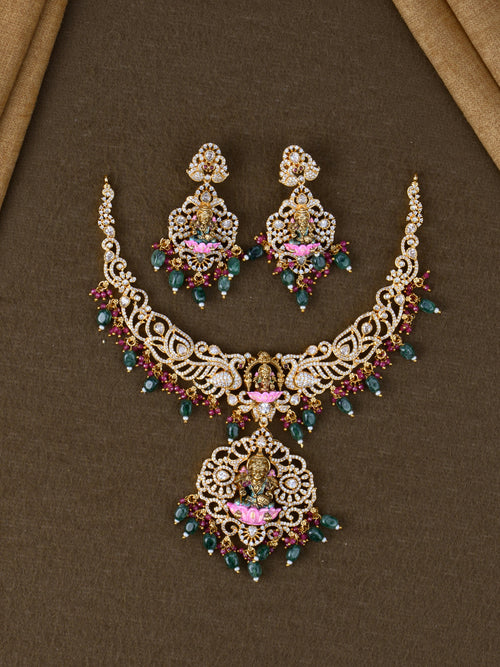 CZ Lakshmi Peacock Meenakari Necklace Set